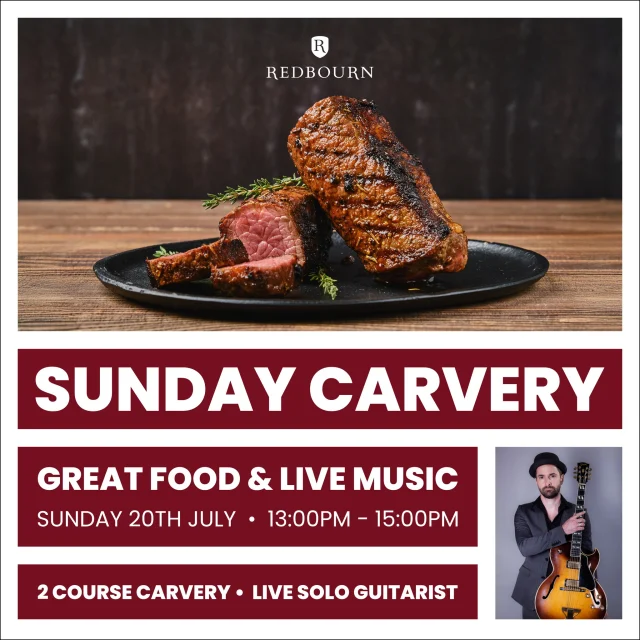 Spaces still available for our Sunday Carvery with Music

Sunday 20th July

Join us for our Delicious 2 course carvery with a Live Guitarist, wonderful atmosphere and service

You can book online or call us on 01582 793 493 opt 2